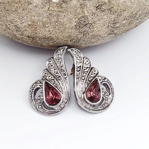 Vintage 1928 Art Nouveau Edwardian Style Amethyst Glass Feather Earrings - Picture 1 of 4